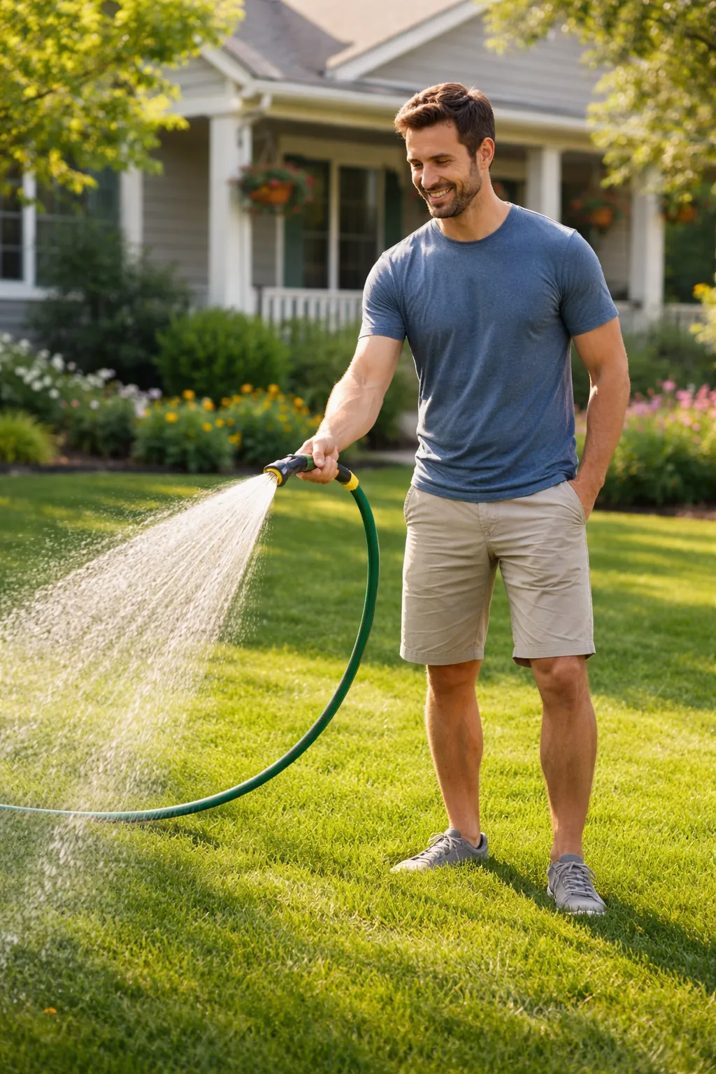 Homeowner watering a green lawn with a garden hose in Moses Lake, WA